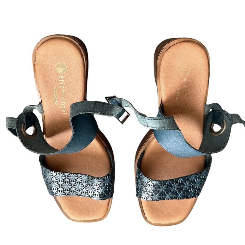 Eric Michael Spain Leather Platform Sandals US 7.5 EU 38 Green Floral Block Heel - Picture 3 of 11
